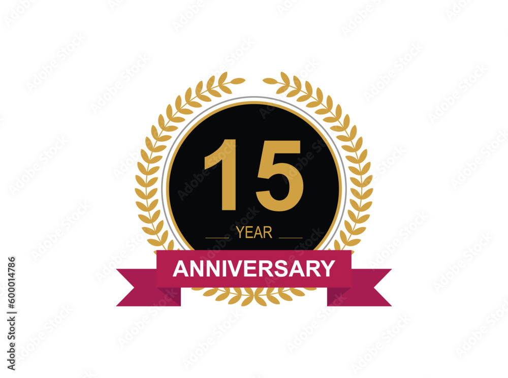 Naklejka premium 15th Anniversary Celebration. Anniversary logo design with golden color laurel wreath for birthday celebration event, invitation, greeting card, banner, poster, flyer, flyer.