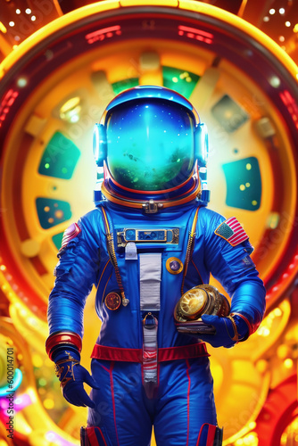 Astronaut in a gleaming golden space suit, drifting through the stars. Future, technology, glamour concept created with generative AI. photo