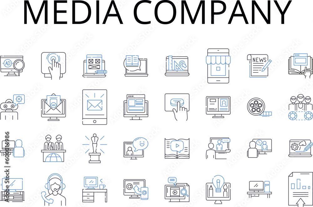 Media company line icons collection. Advertising firm, News outlet, Television nerk, Publishing house, Press agency, Film studio, Broadcasting company vector and linear illustration. Content provider