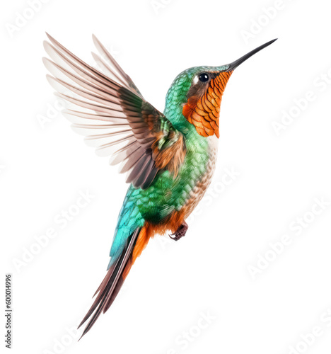 colorful hummingbird with orange and teal feathers in flight, isolated over a transparent background, cut-out exotic / tropical animal nature design element, generative AI © my_stock