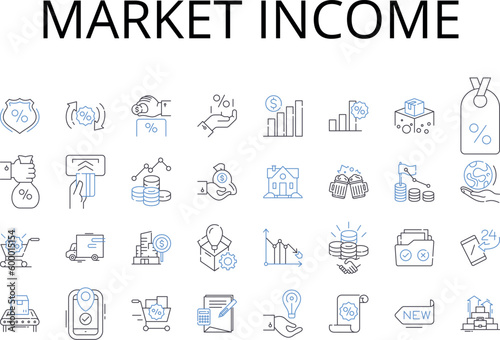 Market income line icons collection. Gross profit, Simple interest, Annual wage, Net earnings, Disposable income, Taxable revenue, Operating profit vector and linear illustration. Revenue stream,Net
