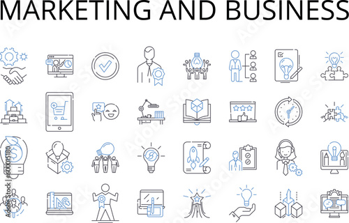 Marketing and business line icons collection. Advertising, Promotion, Branding, Sales, Commerce, Trade, Commerce vector and linear illustration. Market research,Product development,Public relations