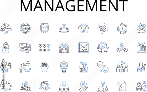 Management line icons collection. Administration, Control, Supervision, Governance, Direction, Leadership, Authority vector and linear illustration. Oversight,Command,Regulation outline signs set