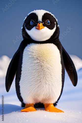 Cheerful baby penguin character in animation art. Joyful, cartoon, animal concept created with generative AI. photo