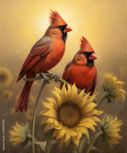 Northern Cardinal Birds in Sunlower Field . AI generated Illustration.