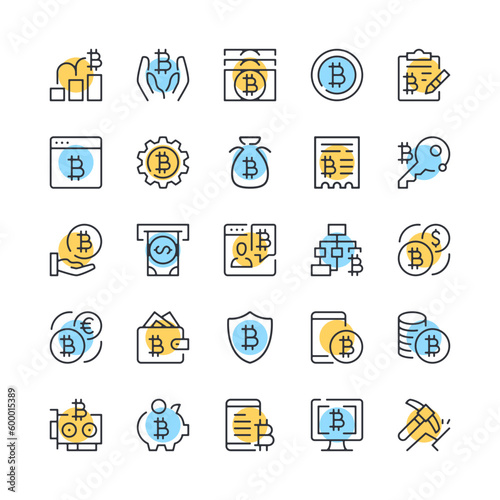 Bitcoin line icons. Set of bitcoin icons. Black, blue and yellow colors. Modern outline graphic design. Vector line icons set