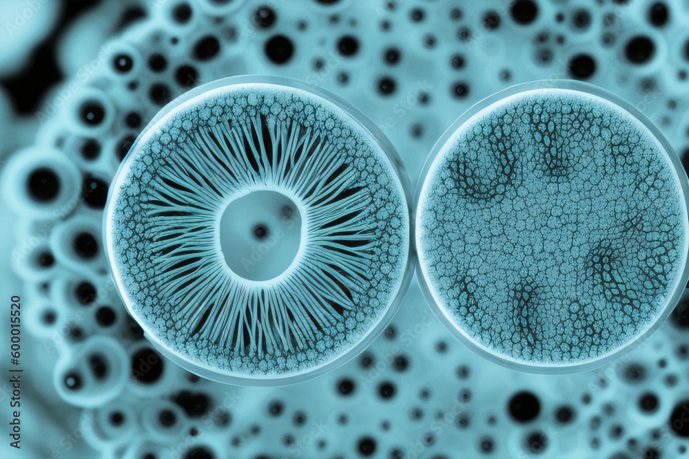 Microscopic view of bacteria and virus cells in lab petri dish. Science ...