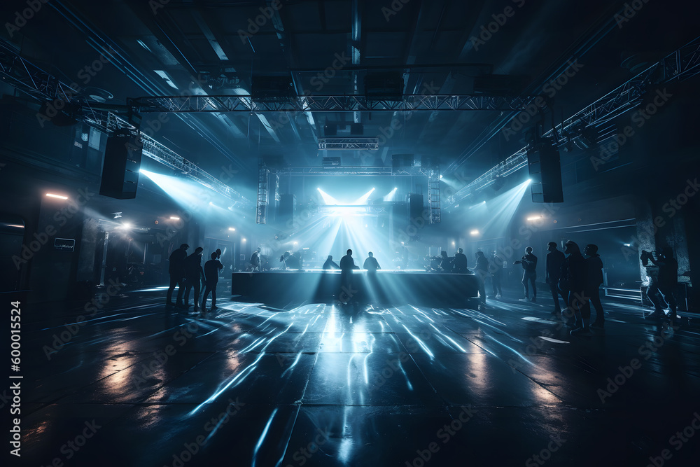 Silhouette in rave night club under blue rays beams enjoying at concert ...