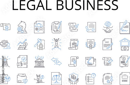 Legal business line icons collection. Financial sector, Corporate world, Professional field, Judicial system, Commercial arena, Marketing industry, Industrial market vector and linear illustration