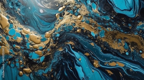 An abstract painting featuring a vibrant blend of gold and blue colors. Generative ai © cac_tus