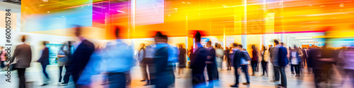 blurred business people walking at a trade fair, conference or walking in a modern hall photo