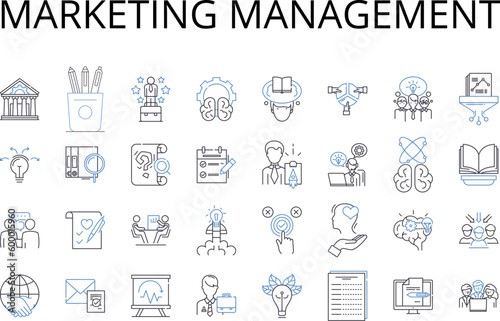 Marketing management line icons collection. Sales strategy, Business development, Brand management, Product placement, Advertising campaign, Market research, Customer engagement vector and linear