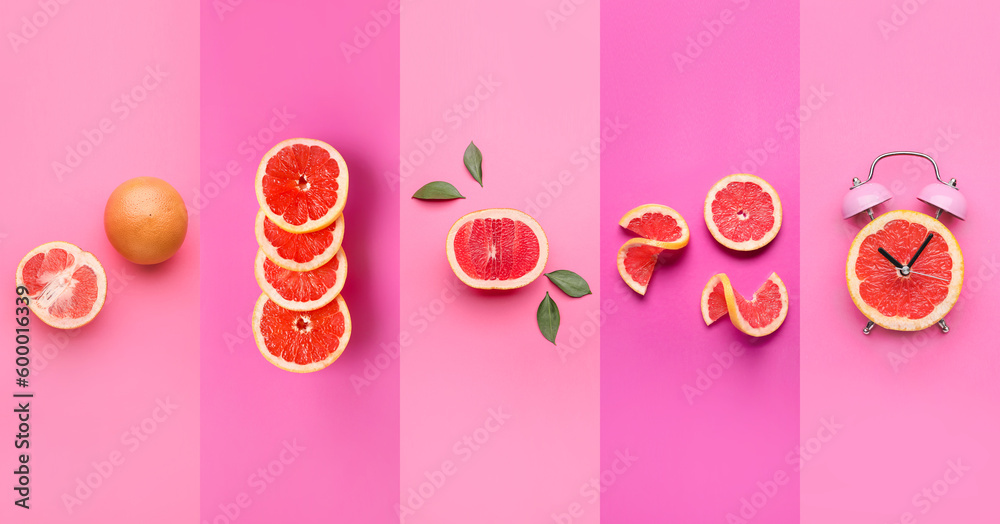 Collage with fresh cut grapefruits on bright pink background