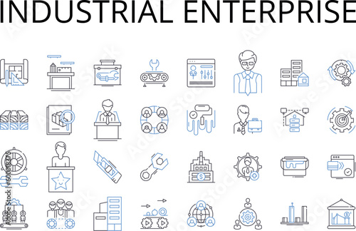 Industrial enterprise line icons collection. Commercial business, Corporate company, Manufacturing plant, Production facility, Service provider, Retail establishment, Trading company vector and linear