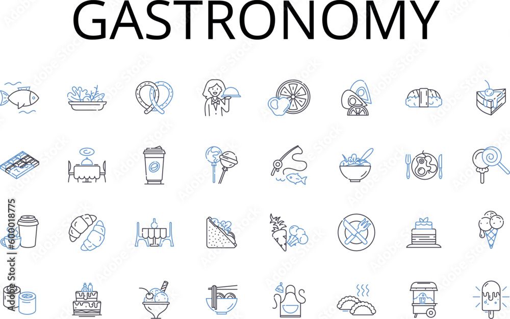 Gastronomy line icons collection. Culinarian Cuisine, Epicurean Delights, Foodie Culture, Gourmet Fare, Savory Cookery, Flavorful Dishes, Bistro-style Eating vector and linear illustration. Culinary