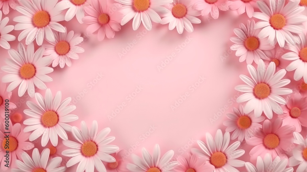 A pink background with white and orange daisies. Generative ai