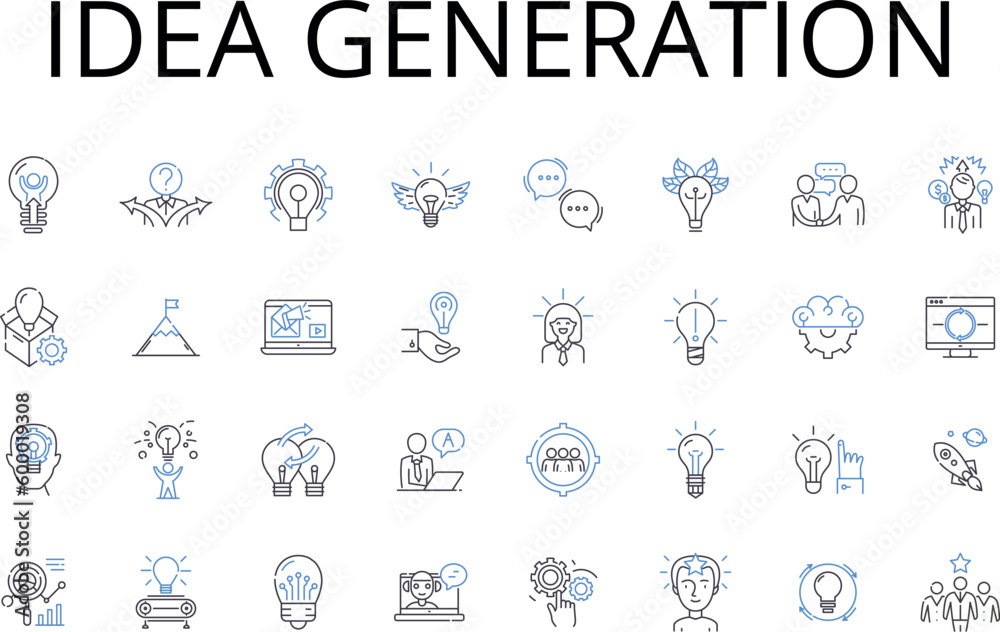 Idea generation line icons collection. Brainstorming session, Conceptualization creation, Innovation initiation, Originality inception, Perception formulation, Thought development, Imagination Idea generation line icons collection. Brainstorming session, Conceptualization creation, Innovation initiation, Originality inception, Perception formulation, Thought development, Imagination