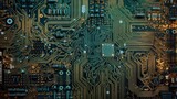 A close-up view of a computer circuit board with electronic components. Generative ai