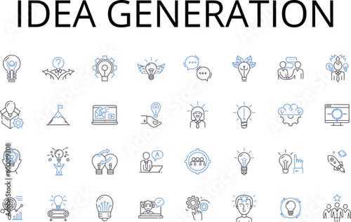 Idea generation line icons collection. Brainstorming session, Conceptualization creation, Innovation initiation, Originality inception, Perception formulation, Thought development, Imagination