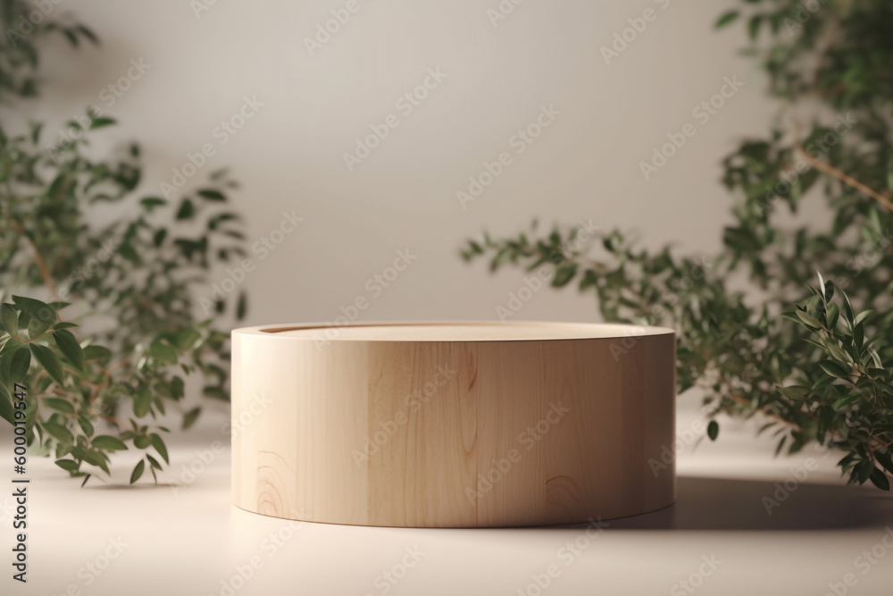 wooden podium for the presentation of cosmetic products in a minimalist design on a gray background with plant leaves. Generative Ai wooden podium for the presentation of cosmetic products in a minimalist design on a gray background with plant leaves. Generative Ai