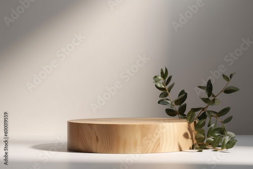 wooden podium for the presentation of cosmetic products in a minimalist design on a gray background with plant leaves. Generative Ai