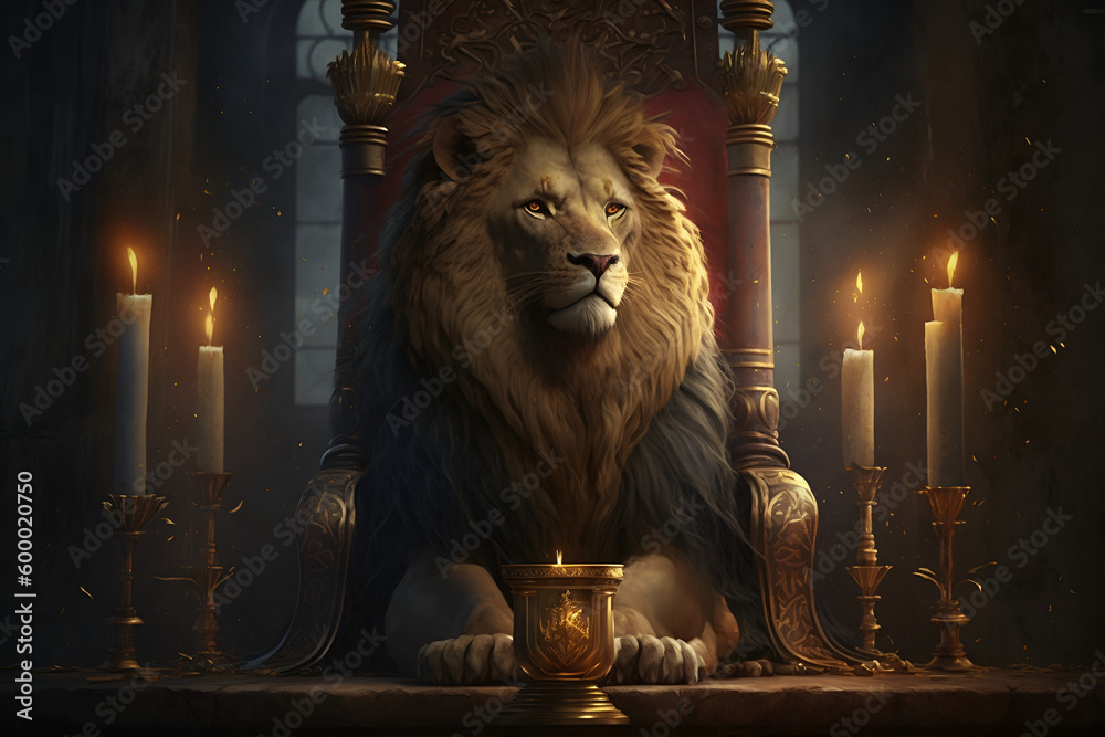 Royal lion sitting on a throne, candles. Generative AI Stock ...