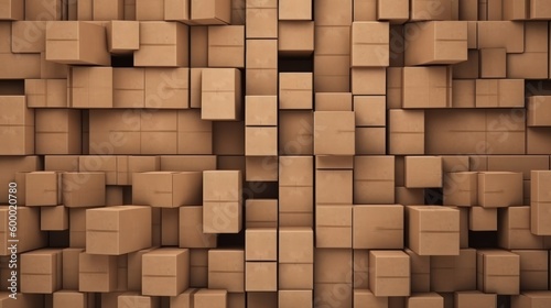A towering stack of brown cardboard boxes, creating a wall-like structure. Generative ai