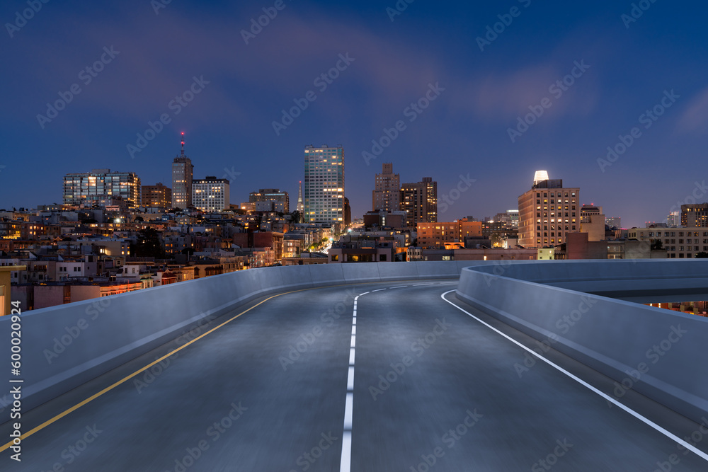 Empty urban asphalt road exterior with city buildings background. New modern highway concrete construction. Concept way to success. Transportation logistic industry fast delivery. San Francisco. USA.