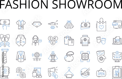 Fashion showroom line icons collection. Beauty salon, Art gallery, Music room, Food court, Movie theater, Fashion boutique, Flower shop vector and linear illustration. Bookstore cafe,Shoe store