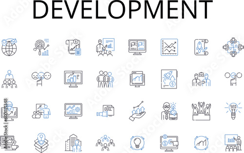 Development line icons collection. Advancement, Evolution, Progression, Improvement, Growth, Maturation, Expansion vector and linear illustration. Enhancement,Innovation,Refinement outline signs set