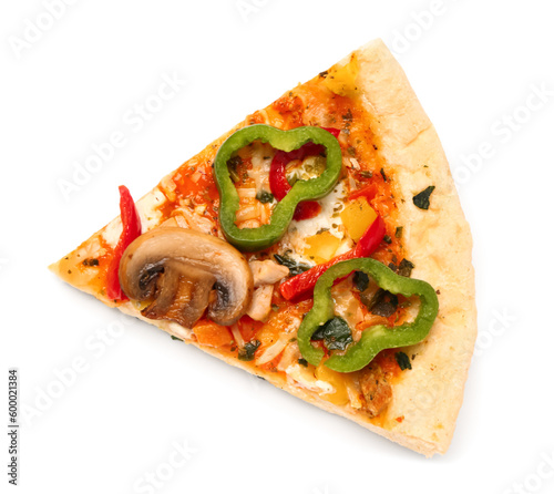 Slice of vegetable pizza on white background