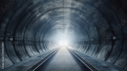 A train passing through a dark tunnel with illuminated tracks. Generative ai