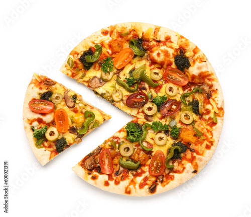 Sliced vegetable pizza on white background