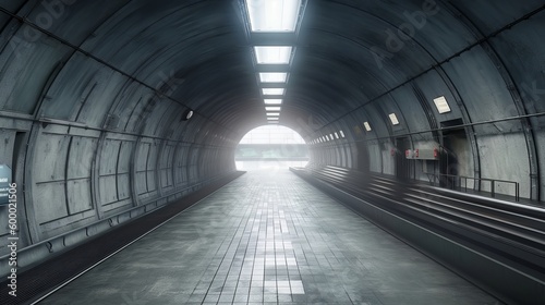 A subway tunnel with a bright light at the end. Generative ai