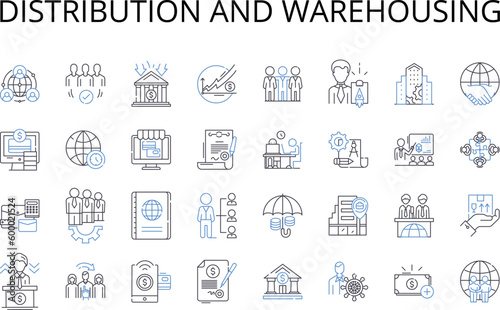 Distribution and warehousing line icons collection. Logistics, Shipping, Cargo, Transportation, Supply chain, Inventory, Storing vector and linear illustration. Stockpiling,Stocking,Hoarding outline