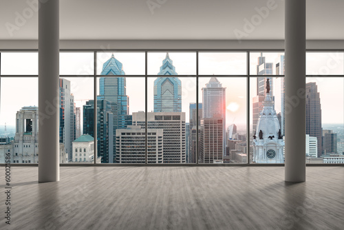 Empty room Interior Skyscrapers View Cityscape. Downtown Philadelphia City Skyline Buildings from High Rise Window. Beautiful Real Estate. Sunset. 3d rendering.