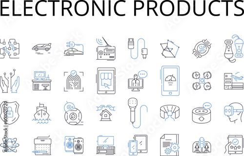 Electronic products line icons collection. Digital devices, Technological items, Electric goods, Cyber products, High-tech gadgets, Audio equipment, Smart devices vector and linear illustration. Tech