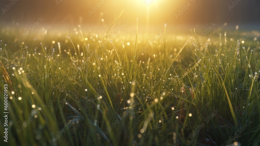 Sun rays shining through blades of grass in a field. Generative ai