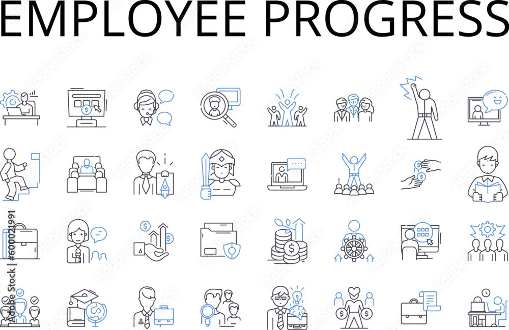 Employee progress line icons collection. Worker development, Staff advancement, Personnel growth, Workforce promotion, Job progress, Career evolution, Team maturation vector and linear illustration Employee progress line icons collection. Worker development, Staff advancement, Personnel growth, Workforce promotion, Job progress, Career evolution, Team maturation vector and linear illustration