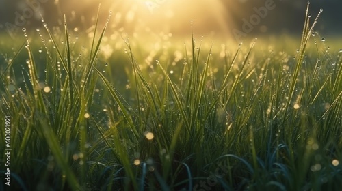 Sunlight filtering through blades of grass in a field on a sunny day. Generative ai