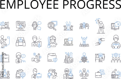 Employee progress line icons collection. Worker development, Staff advancement, Personnel growth, Workforce promotion, Job progress, Career evolution, Team maturation vector and linear illustration
