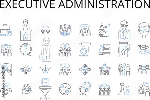 Executive administration line icons collection. Management leadership, Corporate ownership, Professional governance, Fiscal management, Business direction, Senior supervision, Organizational hierarchy