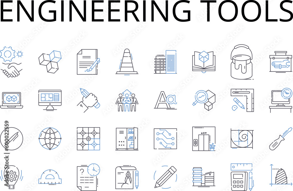 Engineering tools line icons collection. Scientific equipment, Technology devices, Computing machinery, Manufacturing instruments, Research gadgets, Construction materials, Lab apparatus vector and