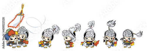 Cute traditional Korean farmers dance and play musical instruments in traditional Korean clothes, festival, cultural (Vector)