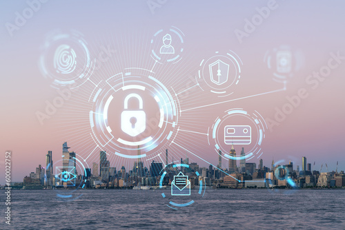New York City skyline from New Jersey over Hudson River with Hudson Yards skyscrapers at sunset. Manhattan, Midtown. The concept of cyber security to protect confidential information, padlock hologram