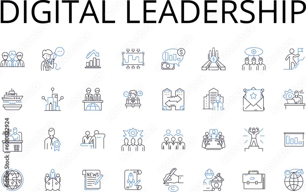 Digital leadership line icons collection. Cyber supremacy, Advanced expertise, Innovative thinking, Modern management, Technological foresight, Digital proficiency, Tech-savvy leadership vector and Digital leadership line icons collection. Cyber supremacy, Advanced expertise, Innovative thinking, Modern management, Technological foresight, Digital proficiency, Tech-savvy leadership vector and