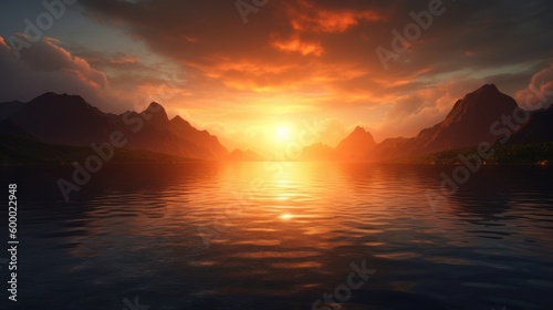 A serene sunset over a mountainous lake or sea. Generative ai