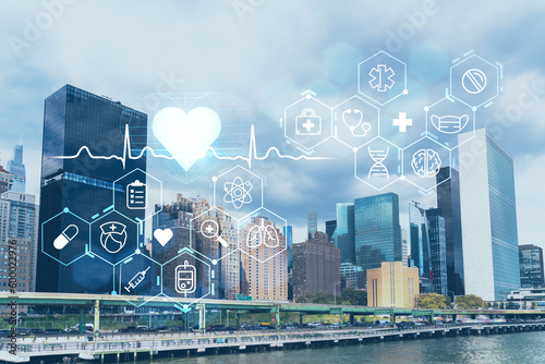 New York City skyline, United Nation headquarters over the East River, Manhattan, Midtown at day time, NYC, USA. Health care digital medicine hologram. The concept of treatment and disease prevention