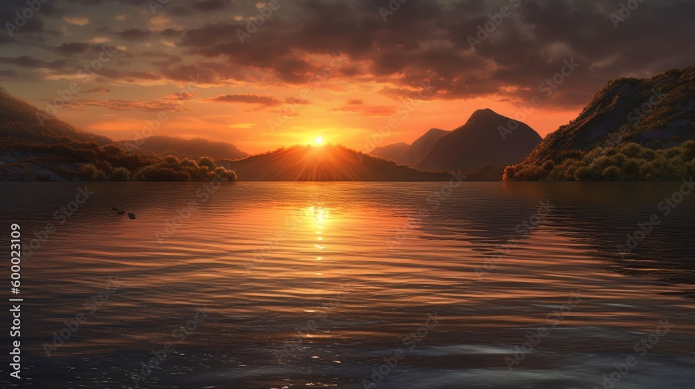 A serene sunset painting over a calm body of water. Generative ai