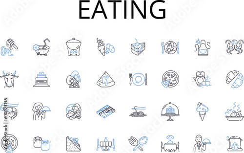 Eating line icons collection. Drinking, Feasting, Devouring, Noshing, Munching, Chomping, Grazing vector and linear illustration. Supping,Swallowing,Gobbling outline signs set © michael broon